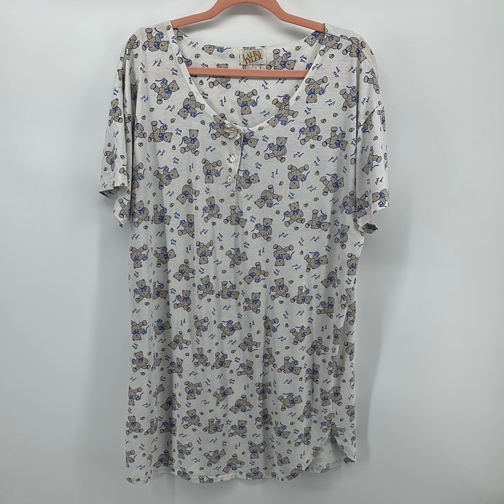 Laura Tyler VTGCozy Loungewear Bears Cottagecore Classic Gray/Blue NightGown SzL